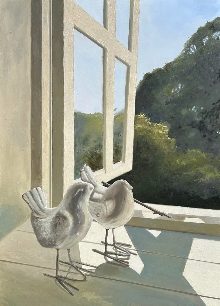 Two Ceramic Birds at an open window in soft grey/green and white colours