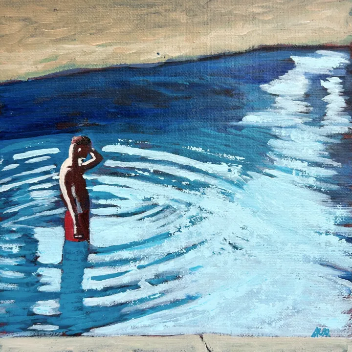 Oil painting of a boy hesitating as he gets into cold sea water